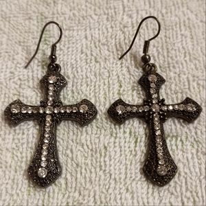 Gothic Inspired Cross Earrings With Rhinestones